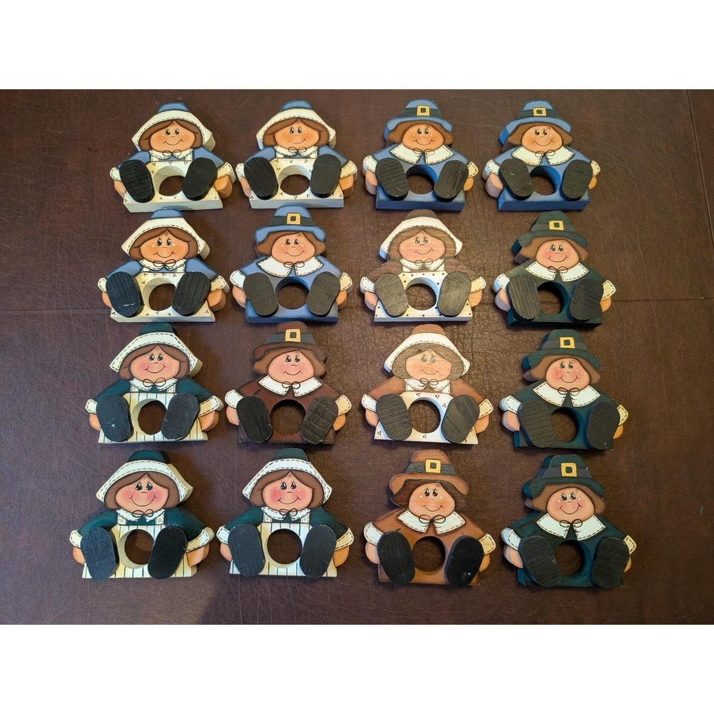 Set of 16 Vintage Wooden Pilgrim‎ Napkin Rings Hand-Painted Thanksgiving Decor